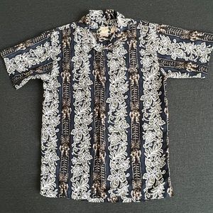 Pipeline Aloha Shirt Navy and Khaki Tiki Floral Button Up Size Small